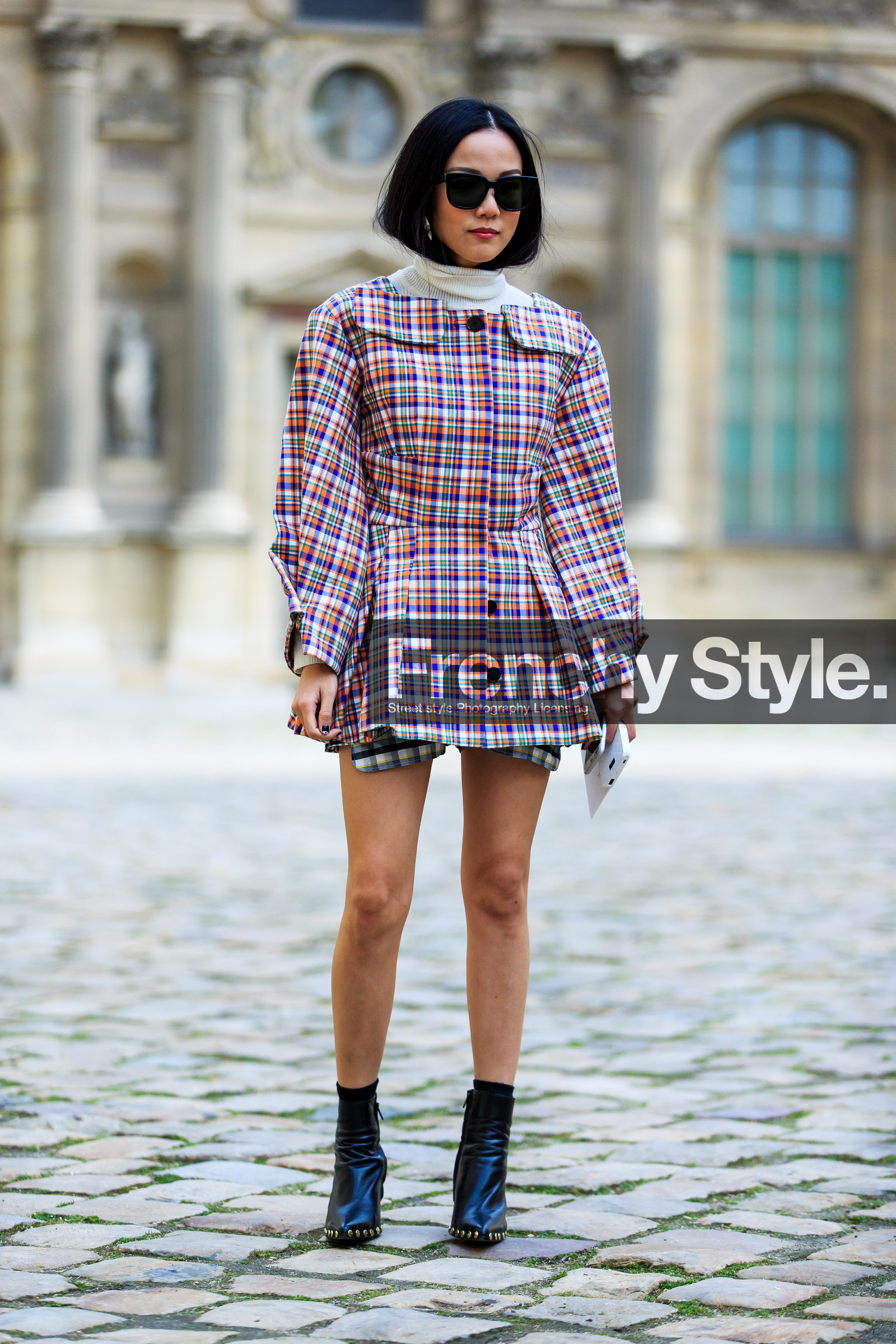 AUTUMN WINTER 2016-2017, AW 16-17, black boots, checked jacket, FALL WINTER 2016-2017, fashion week, frenchystyle, full length, FW, FW 16-17, graphic jacket, high heels, jonathan paciullo, leather boots, PARIS, PFW, plaid, printed jacket, red jacket, street style, studs, sunglasses, vertical, yoyo cao