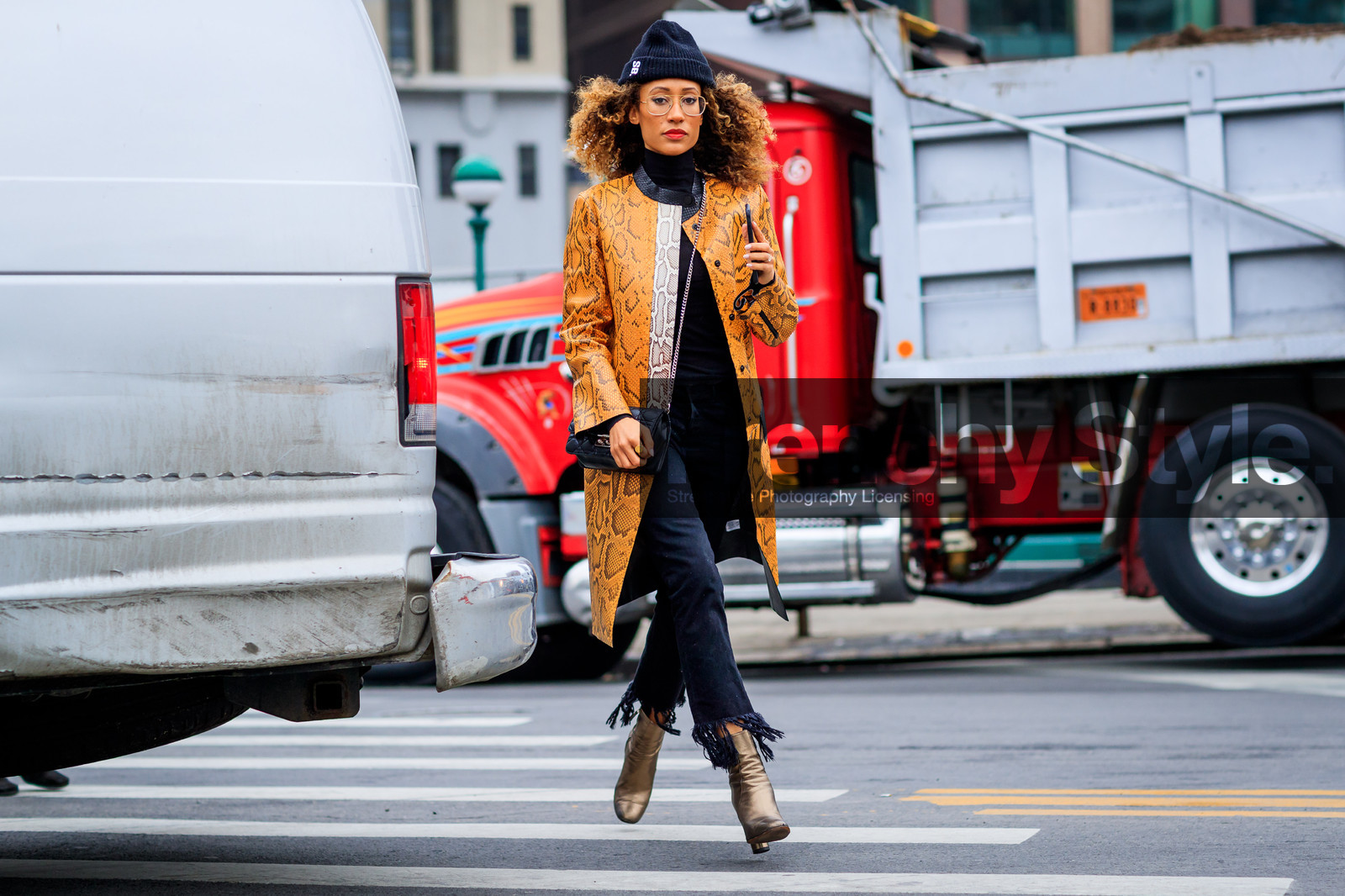 animal print, atmosphere details, AUTUMN WINTER 2017-2018, AW 17-18, black bag, black beanie, black denim, black sweater, bronze, camel coat, denim pants, elaine welteroth, FALL WINTER 2017-2018, fashion week, frenchystyle, full length, FW, FW 17-18, golden boots, high heels, horizontal, jeans, jonathan paciullo, leather bag, leather boots, leather coat, NEW YORK, NYFW, orange coat, printed coat, street style, trousers, turtleneck sweater