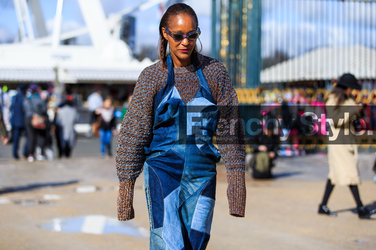 atmosphere details, AUTUMN WINTER 2016-2017, AW 16-17, blue denim, denim dress, detail, FALL WINTER 2016-2017, fashion week, frenchystyle, FW, FW 16-17, horizontal, jonathan paciullo, orange sweater, PARIS, patchwork, PFW, street style, sunglasses