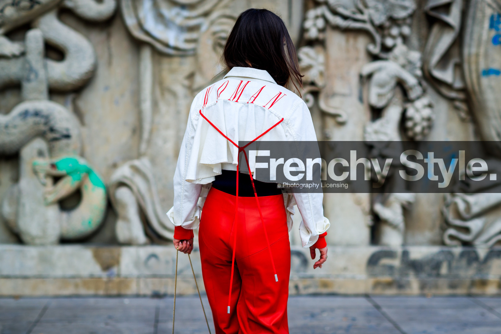 alice & j.s, atmosphere details, AUTUMN WINTER 2017-2018, AW 17-18, back detail, denim jacket, detail, FALL WINTER 2017-2018, fashion week, frenchystyle, FW, FW 17-18, horizontal, jonathan paciullo, leather pants, PARIS, PFW, red pants, street style, trousers, white denim, white jacket