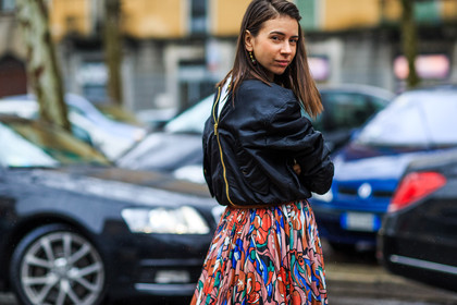 atmosphere details, AUTUMN WINTER 2016-2017, AW 16-17, back detail, black jacket, bomber jacket, detail, FALL WINTER 2016-2017, fashion week, frenchystyle, FW, FW 16-17, graphic skirt, horizontal, jonathan paciullo, LFW, LONDON, MENSWEAR, multicolor skirt, natasha goldenberg, pleated skirt, printed skirt, red skirt, street style, zip