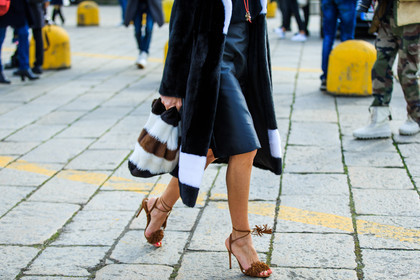 atmosphere details, AUTUMN WINTER 2016-2017, AW 16-17, black bag, black coat, black fur, black skirt, brown fur, brown sandals, detail, FALL WINTER 2016-2017, fashion week, frenchystyle, fringes, fun bag, fur bag, fur coat, FW, FW 16-17, high heels, horizontal, jonathan paciullo, leather skirt, LFW, LONDON, MENSWEAR, necklace, pompons, street style, suede shoes