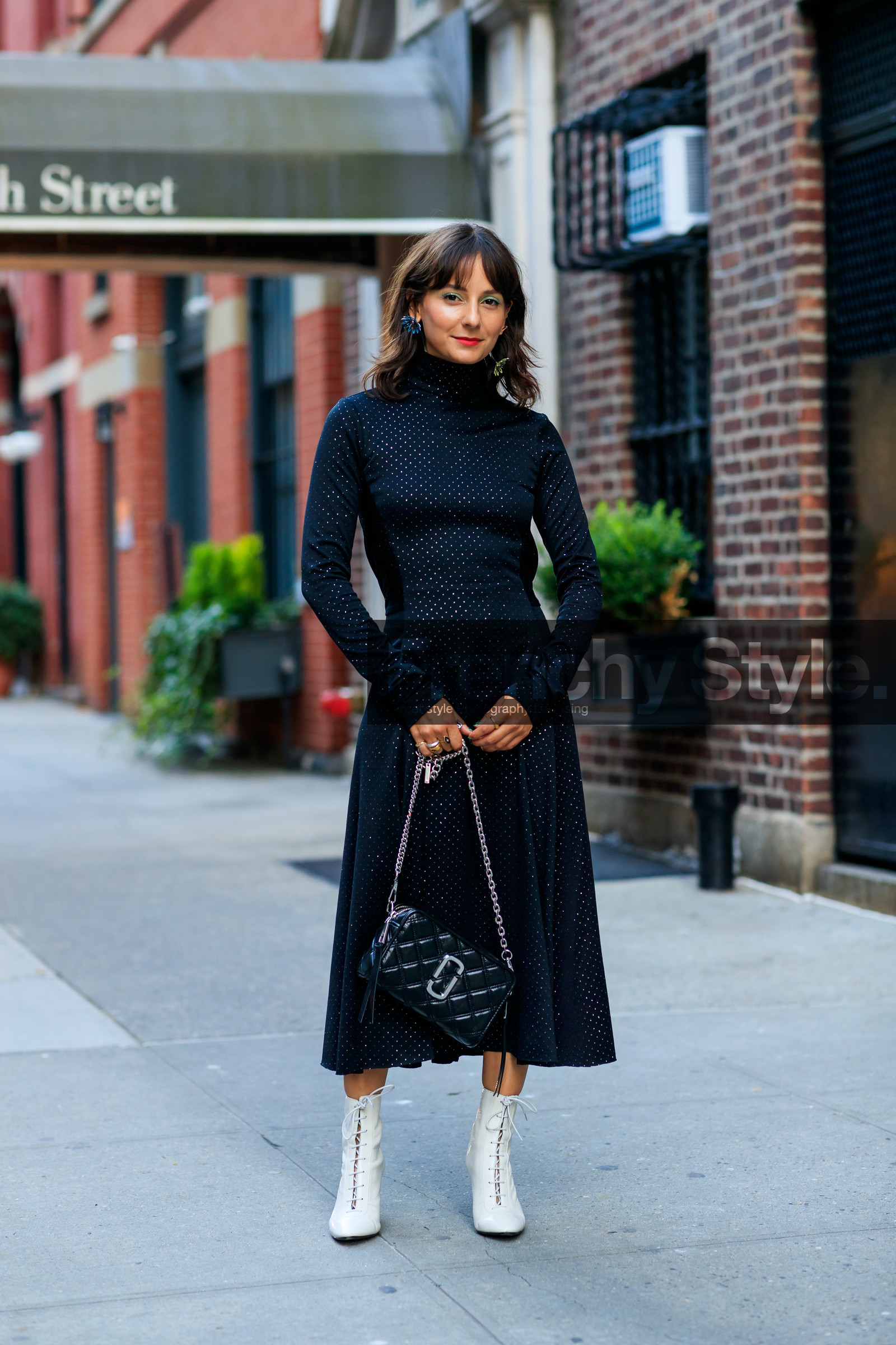 alyssa coscarelli, black bag, black dress, eyeshadow, glitter, high heels, leather bag, leather shoes, marc jacobs, red lips, sequined dress, white boots, white shoes, street style, jonathan paciullo, FW, frenchystyle, fashion week, NEW YORK, NYFW, SPRING SUMMER 2020, SS 20, vertical, full length
