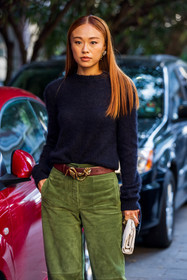 ba, belt, black knit, green pants, knit, leather pouch, Niki Wu Jie, pouch, statement belt, statement earrings, suede pants, sunglasses, white pouch, fashion week, frenchystyle, FW, jonathan paciullo, street style, MFW, MILAN, SPRING SUMMER 2022, SS 22, vertical, atmosphere details, detail