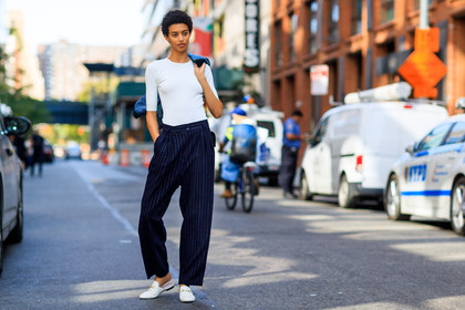 atmosphere details, blue denim, blue pants, bomber jacket, denim jacket, fashion week, frenchystyle, full length, FW, graphic pants, gucci, horizontal, jonathan paciullo, leather shoes, loafers, model, NEW YORK, NYFW, printed pants, SPRING SUMMER 2018, SS 18, street style, striped pants, trousers, white shoes, white top