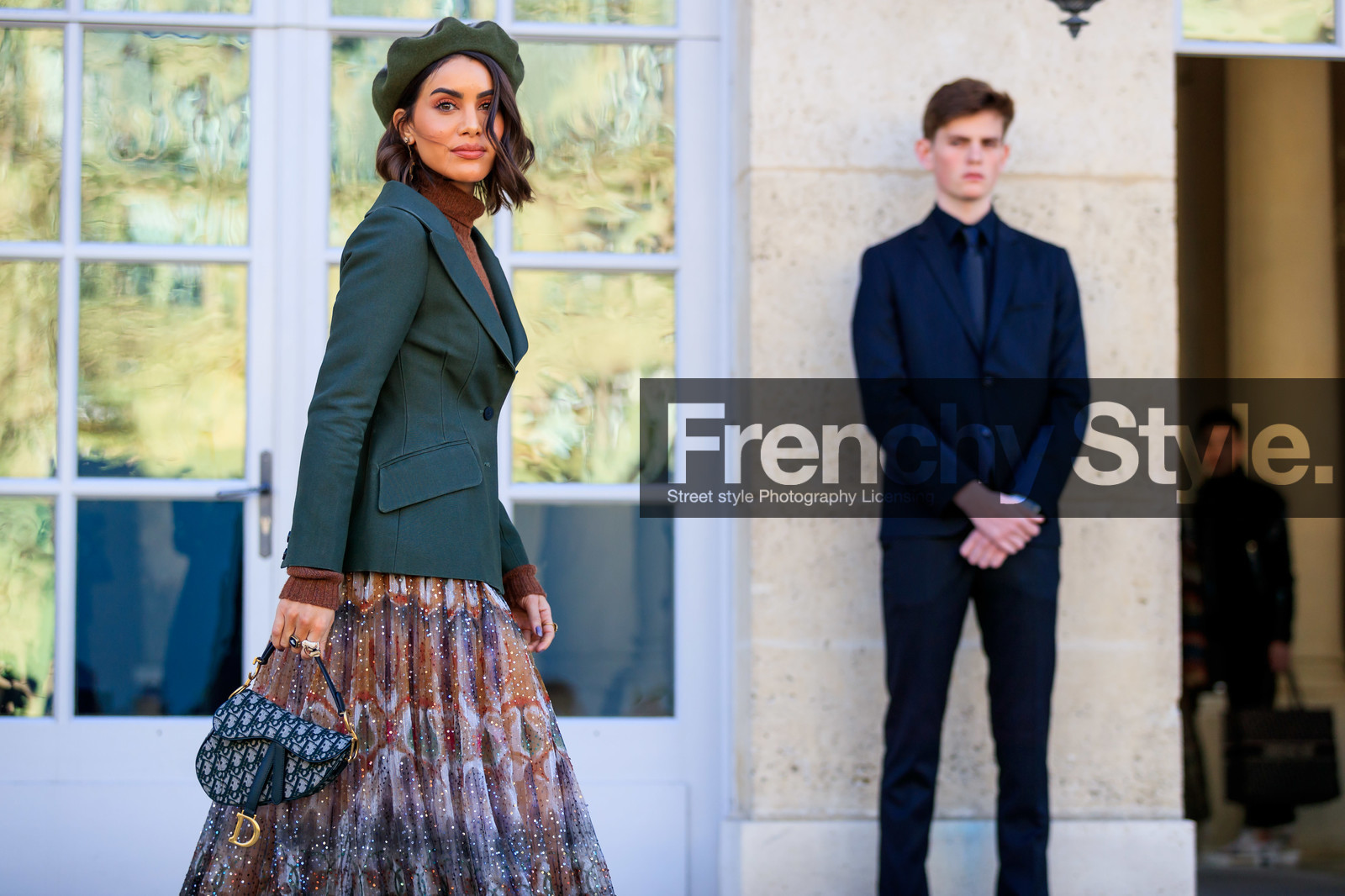 beret, blazer, brown sweater, camila coelho, christian dior, embroidered skirt, graphic bag, graphic skirt, green bag, green hat, green jacket, leather bag, monogram, printed bag, printed skirt, saddle bag, sequined skirt, PARIS, PFW, street style, jonathan paciullo, FW, frenchystyle, fashion week, AUTUMN WINTER 2019-2020, AW 19-20, FALL WINTER 2019-2020, FW 19-20, horizontal, atmosphere details, detail