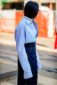 AUTUMN WINTER 2017-2018, AW 17-18, blue skirt, detail, FALL WINTER 2017-2018, fashion week, frenchystyle, FW, FW 17-18, high waist, jonathan paciullo, long skirt, MFW, MILAN, street style, striped shirt, sunglasses, turtleneck sweater, vertical, white shirt, white sweater, yoyo cao