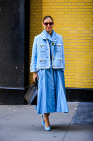 jenny walton, light blue jacket, light blue skirt, light blue dress, black leather bag, louis vuitton bag, light blue leather shoes, high heels shoes, long dress, long skirt, tweed jacket, high collar, high collar dress, satin dress, satin skirt, fashion week, frenchystyle, FW, jonathan paciullo, street style, NYFW, NEW YORK, AUTUMN WINTER 2020-2021, FALL WINTER 2020-2021, FW 20-21, vertical, full length
