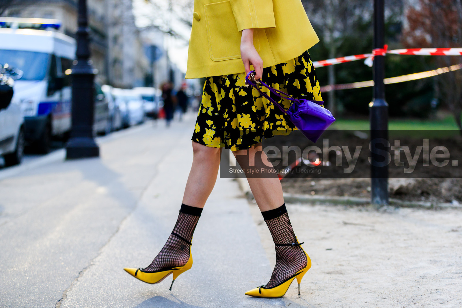 black dress, black socks, fishnet, graphic skirt, high heels, leather bag, leather shoes, printed skirt, purple bag, yellow jacket, yellow shoes, street style, jonathan paciullo, FW, frenchystyle, fashion week, PFW, PARIS, AUTUMN WINTER 2018-2019, FALL WINTER 2018-2019, FW 18-19, horizontal, atmosphere details, irene kim