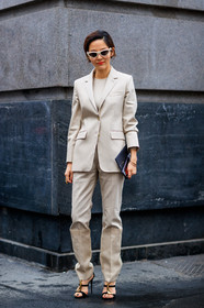 beige jacket, beige pants, beige suit, beige top, black shoes, high heels, leather shoes, sunglasses, trousers, fashion week, frenchystyle, FW, jonathan paciullo, street style, MFW, MILAN, AUTUMN WINTER 2018-2019, FALL WINTER 2018-2019, FW 18-19, vertical, full length