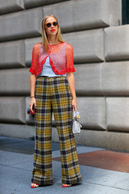 checked pants, chloe king, embroidered bag, fashion week, fishnet, frenchystyle, full length, FW, high heels, jonathan paciullo, leather bag, leather shoes, NEW YORK, NYFW, plaid, printed pants, red top, SPRING SUMMER 2018, SS 18, street style, sunglasses, tartan, trousers, vertical