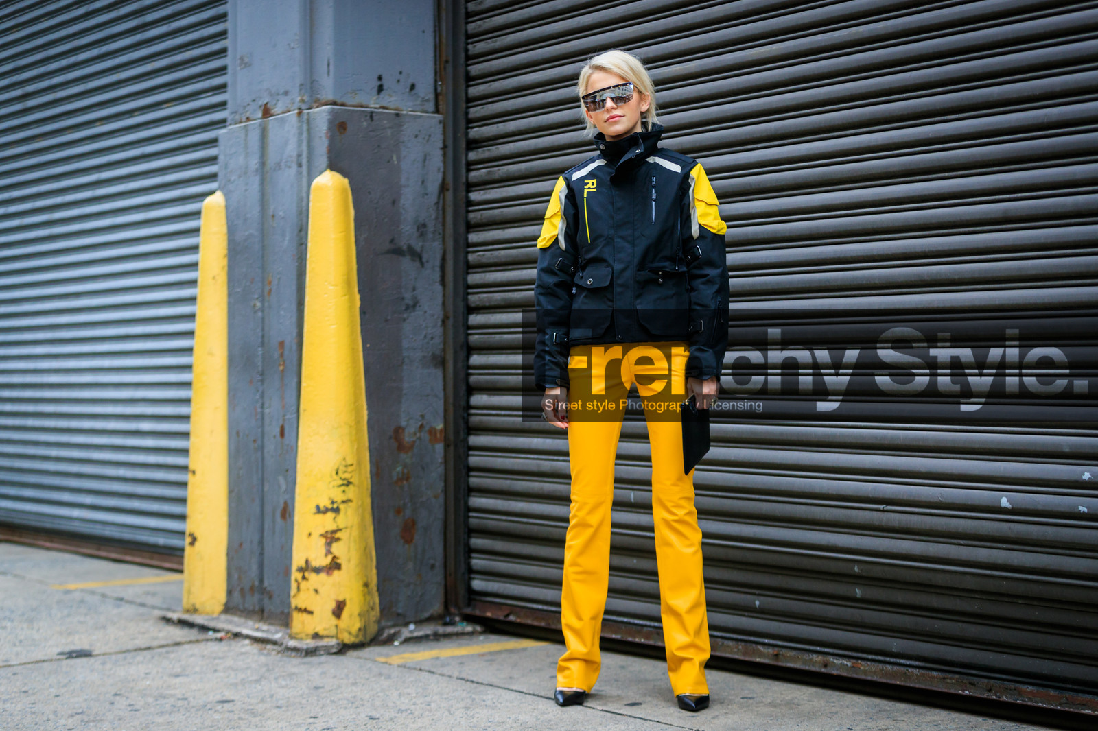 black jacket, black shoes, graphic jacket, printed jacket, ralph lauren, sunglasses, trousers, yellow pants, street style, jonathan paciullo, FW, frenchystyle, fashion week, NYFW, NEW YORK, AUTUMN WINTER 2018-2019, AW 18-19, FALL WINTER 2018-2019, FW 18-19, atmosphere details, horizontal, full length, caro daur