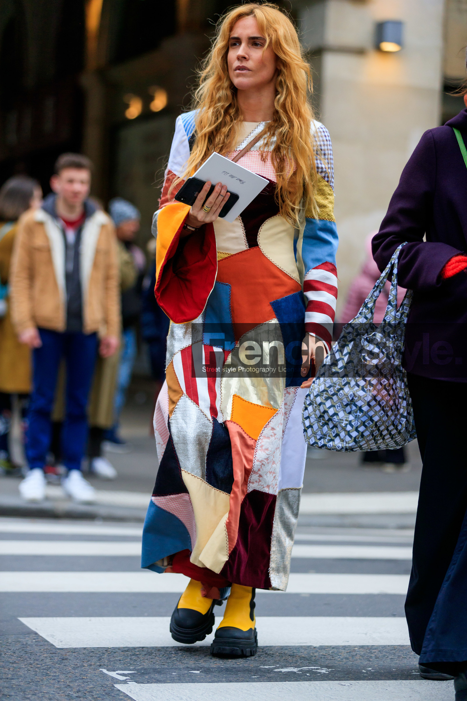 blanca miro scrimieri, patchwork dress, multicolor dress, red dress, lurex dress, striped dress, long sleeves dress, brocart dress, long dress, checked dress, yellow leather boots, big sole boots, flat boots, chelsea boots, celine shoes, fashion week, frenchystyle, FW, jonathan paciullo, street style, PFW, PARIS, AUTUMN WINTER 2020-2021, FALL WINTER 2020-2021, FW 20-21, vertical, full length