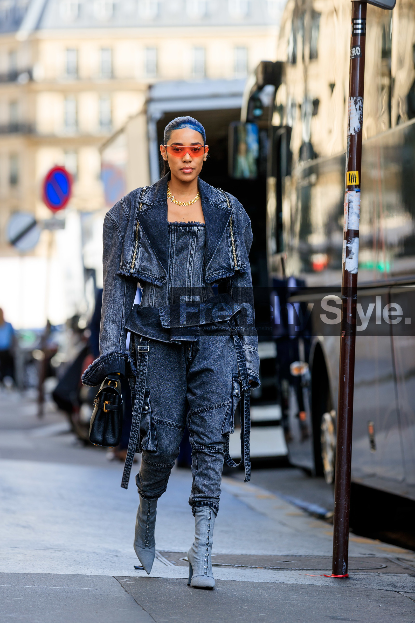 aleali may, balmain shoes, balmain bag, balmain jacket, balmain pants, balmain top, denim, denim jacket, denim top, denim total look, black jacket, black pants, black top, black jeans, oversize perfecto, black leather bag, hand bag, grey boots, sharp end boots, used jacket, used top, orange sunglasses, metalic frame sunglasses, futurist shape sunglasses, fashion week, frenchystyle, FW, jonathan paciullo, street style, SPRING SUMMER 2020, SS 20, PFW, PARIS, vertical, full length