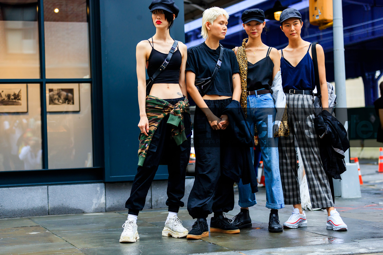 black bag, black belt, black hat, black pants, black shoes, black sneakers, black top, blue denim, camo sweater, checked, crop top, denim pants, fanny pack, graphic pants, grey pants, jeans, leather bag, leather belt, leather shoes, model, plaid, printed pants, tied up sweater, trousers, white sneakers, street style, jonathan paciullo, FW, frenchystyle, fashion week, NYFW, NEW YORK, SPRING SUMMER 2019, SS 19, atmosphere details, horizontal, full length