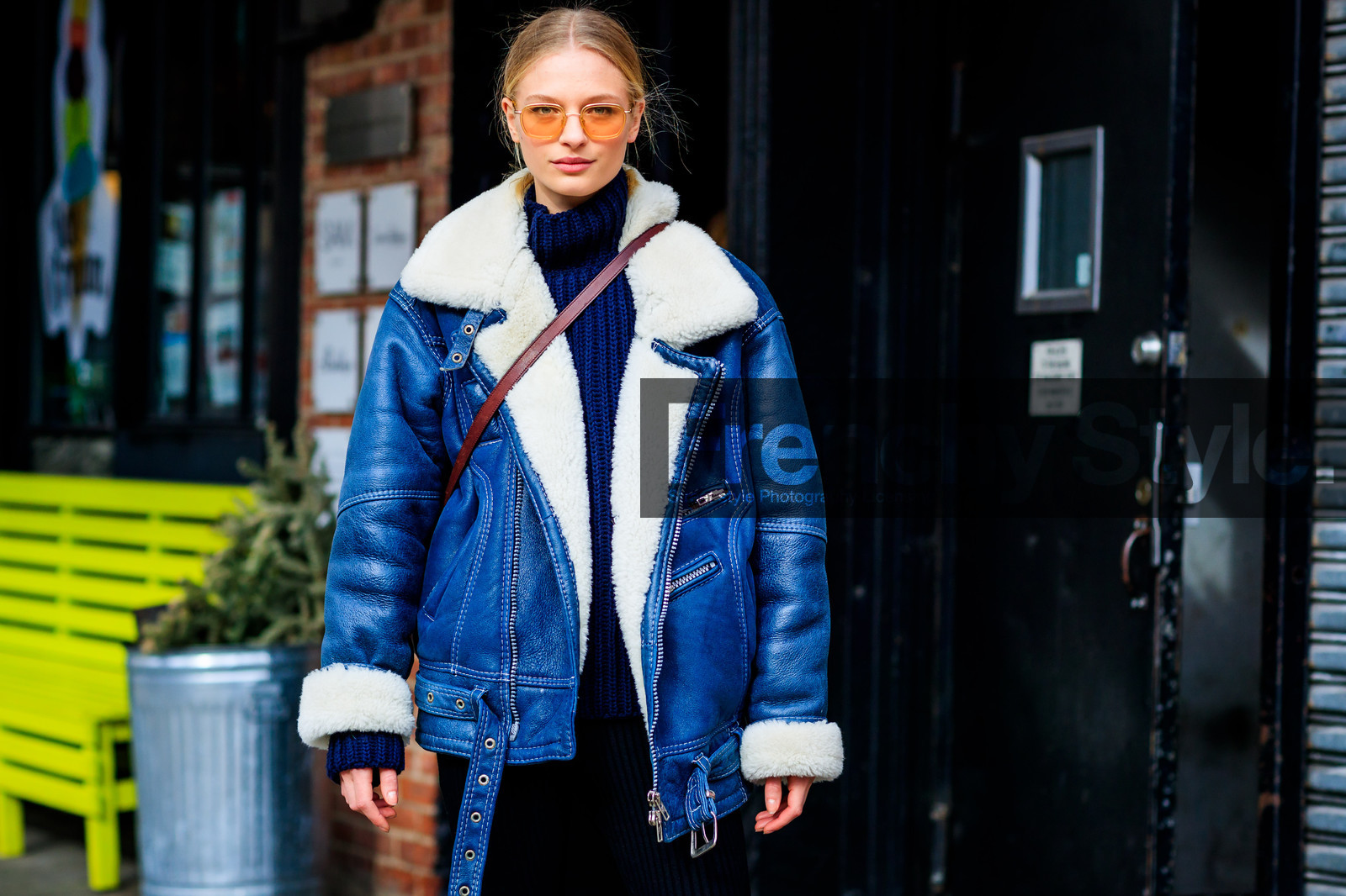 atmosphere details, AUTUMN WINTER 2017-2018, AW 17-18, black pants, blue denim, blue sweater, denim jacket, detail, FALL WINTER 2017-2018, fashion week, Frederikke Sofie Falbe-Hansen, frenchystyle, FW, FW 17-18, horizontal, jonathan paciullo, model, NEW YORK, NYFW, shearling, street style, sunglasses