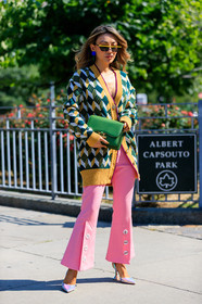 cardigan, checked, earrings, graphic jacket, green bag, green sweater, high heels, leather bag, leather shoes, pink pants, plaid, printed jacket, printed sweater, silver shoes, sunglasses, trousers, fashion week, frenchystyle, FW, jonathan paciullo, street style, NYFW, NEW YORK, SPRING SUMMER 2019, SS 19, vertical, full length