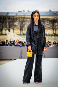mini dior bag, mini lady dior, dior, black jacket, leather jacket, 90s hair, flared pants, leather pants, sandals, green eyeshadow, fiona zanetti, fashion week, frenchystyle, FW, jonathan paciullo, street style, AUTUMN WINTER 2022-2023, FALL WINTER 2022_2023, FW 22-23, PFW, PARIS, vertical, full length