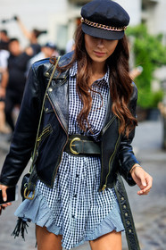atmosphere details, black belt, black cap, black jacket, black perfecto, checked dress, detail, fashion week, frenchystyle, FW, gingham, graphic dress, jonathan paciullo, leather belt, leather jacket, leather perfecto, NEW YORK, NYFW, plaid, printed dress, SPRING SUMMER 2018, SS 18, street style, vertical