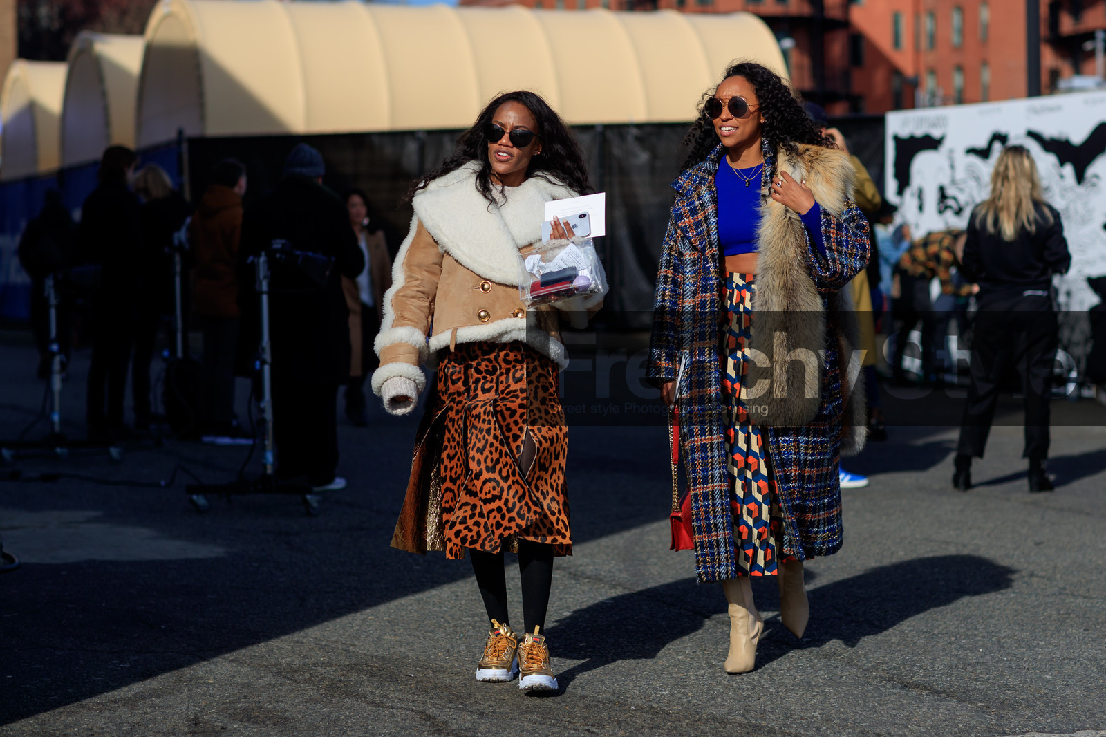 animal print, beige boots, beige jacket, blue coat, blue top, checked, crop top, fur scarf, golden sneakers, graphic jacket, graphic skirt, high heels, leather shoes, leopard print, plaid, printed jacket, printed skirt, red bag, shearling, sunglasses, street style, jonathan paciullo, FW, frenchystyle, fashion week, NYFW, NEW YORK, AUTUMN WINTER 2018-2019, AW 18-19, FALL WINTER 2018-2019, FW 18-19, atmosphere details, horizontal, full length, gabby prescod, shiona turini