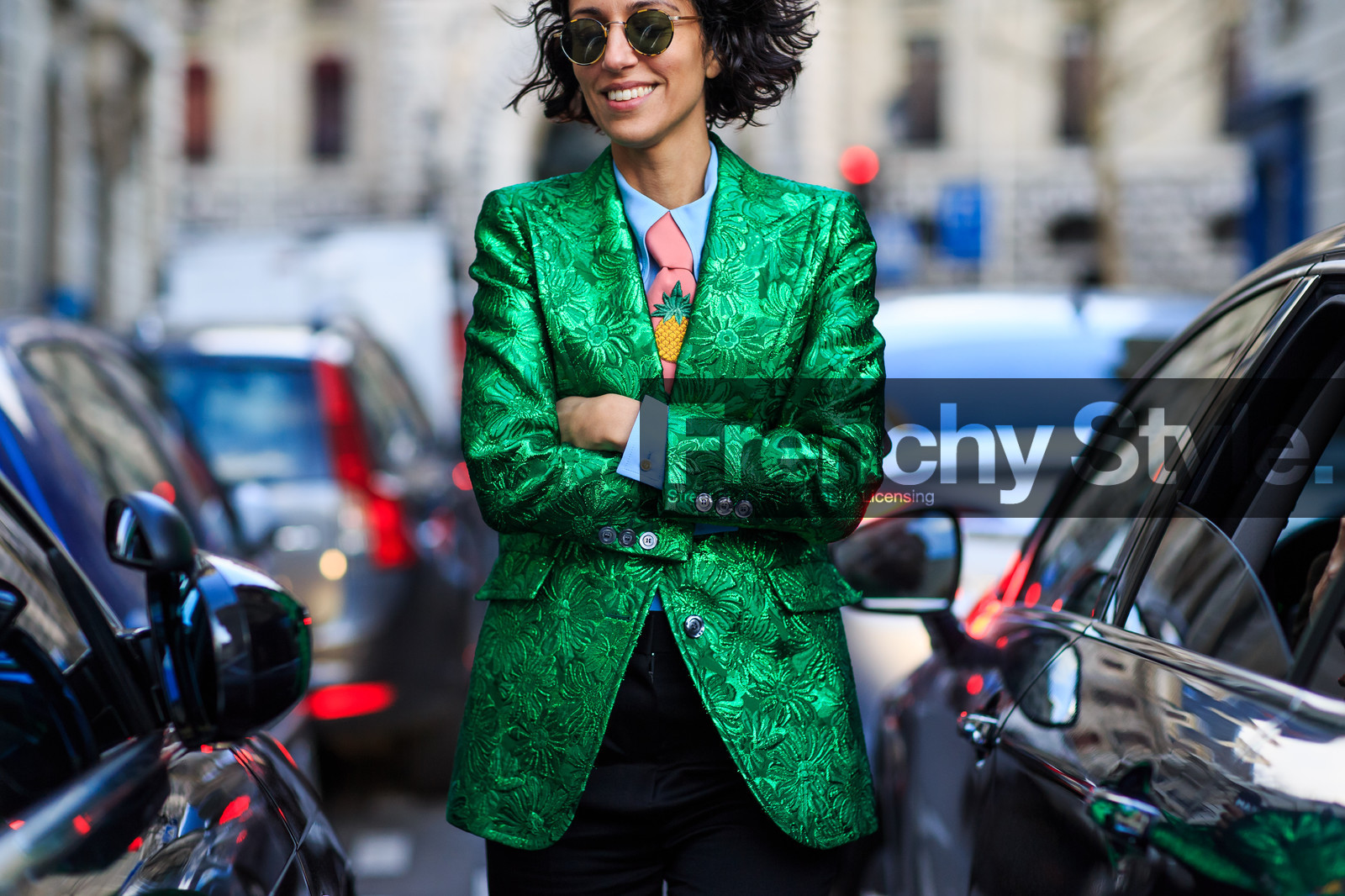 animal print, atmosphere details, AUTUMN WINTER 2016-2017, AW 16-17, black pants, blue shirt, detail, FALL WINTER 2016-2017, fashion week, frenchystyle, FW, FW 16-17, glitter, green jacket, horizontal, jonathan paciullo, metallic jacket, PARIS, PFW, shiny, snake print, street style, sunglasses, tie, trousers, yasmine sewell