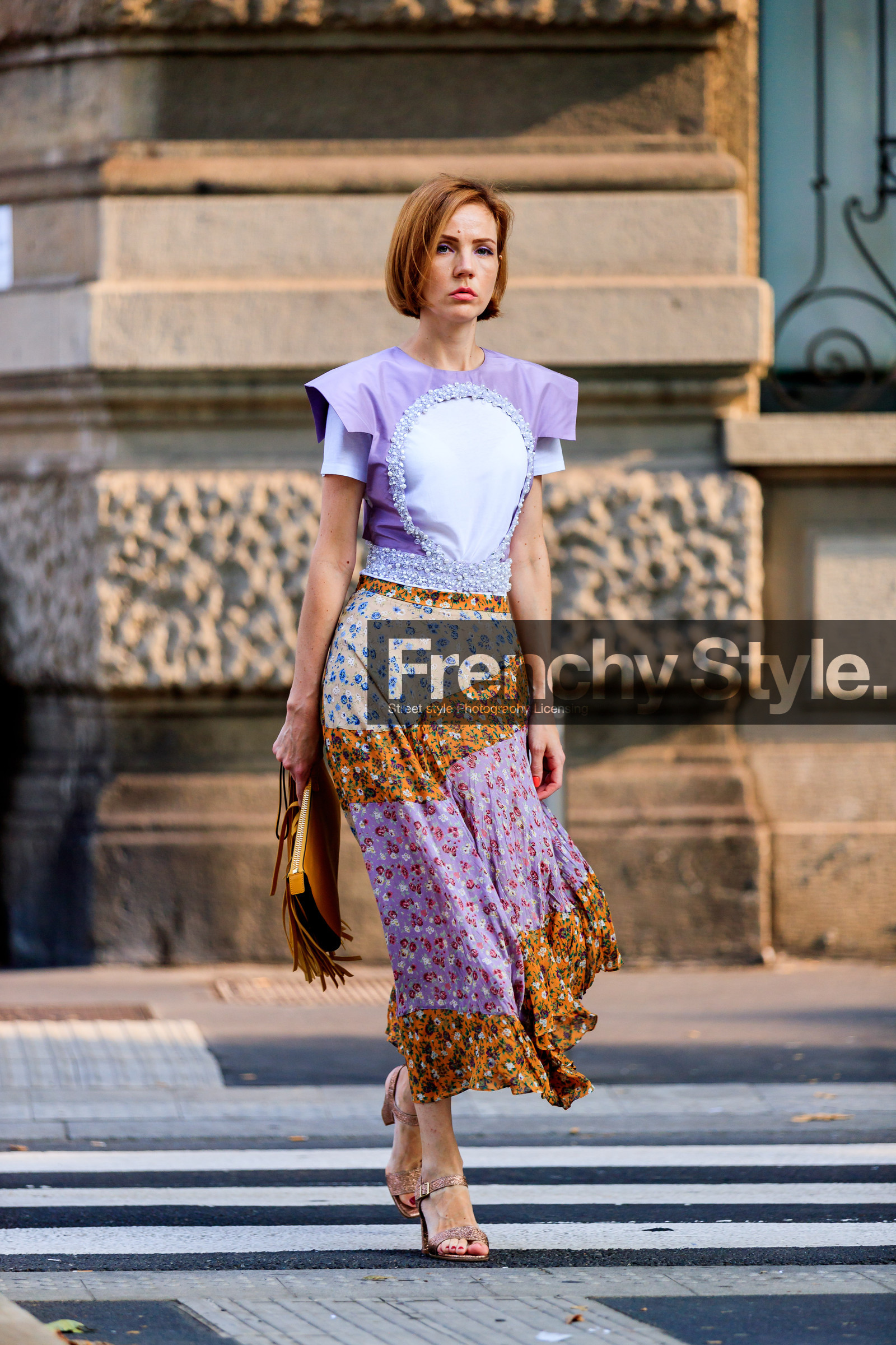 camel bag, embroideries, floral, flowers, fringes, golden shoes, graphic skirt, high heels, leather bag, leather shoes, printed skirt, purple top, sequined, fashion week, frenchystyle, FW, jonathan paciullo, street style, MFW, MILAN, SPRING SUMMER 2019, SS 19, vertical, full length