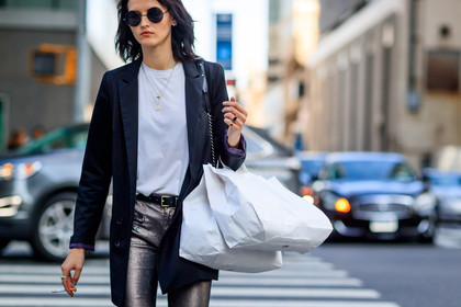 atmosphere details, black jacket, blazer, detail, fashion week, frenchystyle, FW, horizontal, jonathan paciullo, leather bag, model, NEW YORK, NYFW, silver pants, SPRING SUMMER 2018, SS 18, street style, sunglasses, trousers, white t shirt