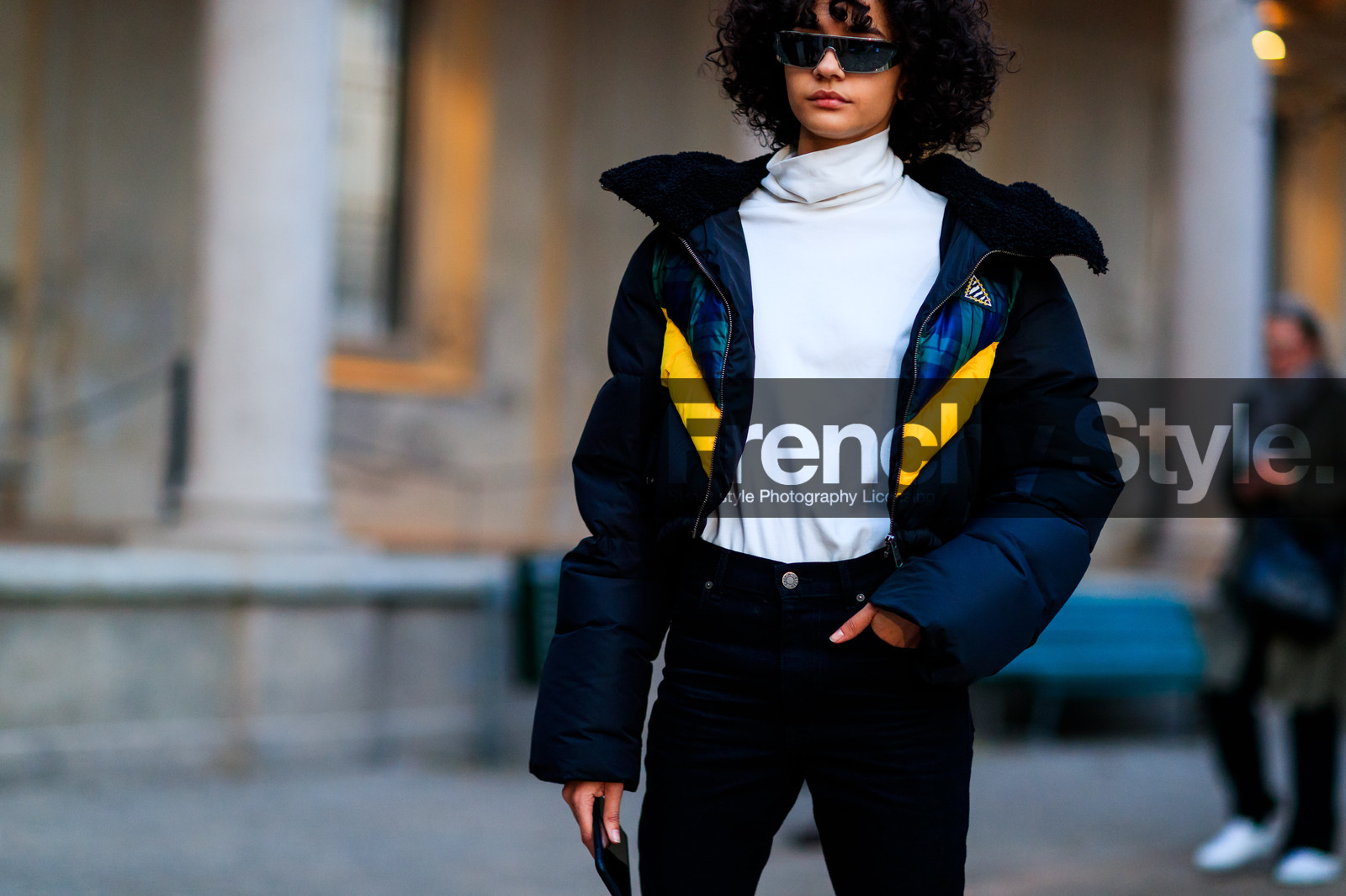 black denim, black jacket, denim pants, down jacket, jeans, sunglasses, trousers, turtleneck sweater, white sweater, fashion week, frenchystyle, FW, jonathan paciullo, street style, MFW, MILAN, AUTUMN WINTER 2018-2019, FALL WINTER 2018-2019, FW 18-19, horizontal, atmosphere details, model, fernanda oliveira