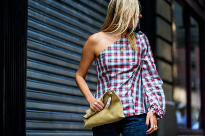 asymetric, atmosphere details, black denim, camille charriere, checked top, denim pants, detail, fashion week, frenchystyle, FW, graphic top, horizontal, jeans, jonathan paciullo, leather bag, NEW YORK, NYFW, one shoulder, plaid, printed top, SPRING SUMMER 2018, SS 18, street style, sunglasses, tartan, trousers