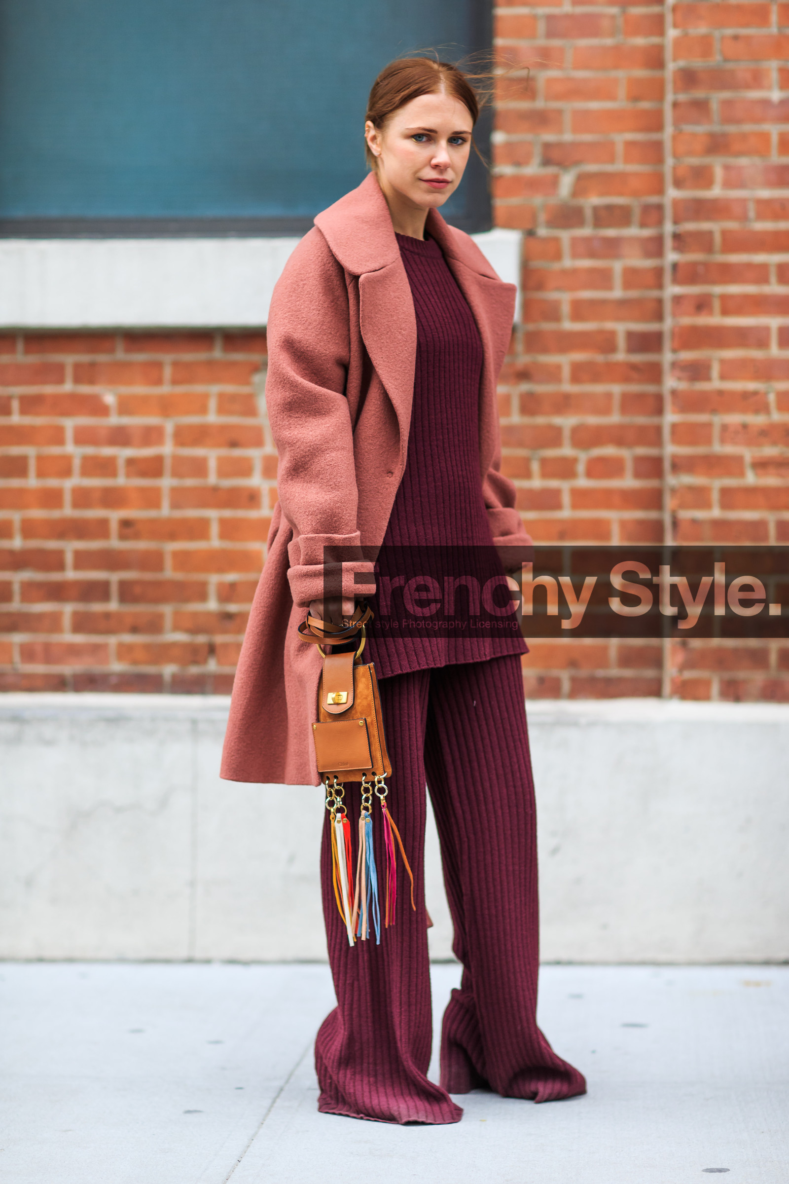 AUTUMN WINTER 2016-2017, AW 16-17, brown bag, camel bag, chloe, courtney trop, FALL WINTER 2016-2017, fashion week, frenchystyle, fringes, full length, FW, FW 16-17, jonathan paciullo, leather bag, mini bag, NEW YORK, NYFW, oversize, pink coat, pink top, pink trousers, pompons, street style, tone on tone, total look pink, total look red, vertical, wide pants, woman