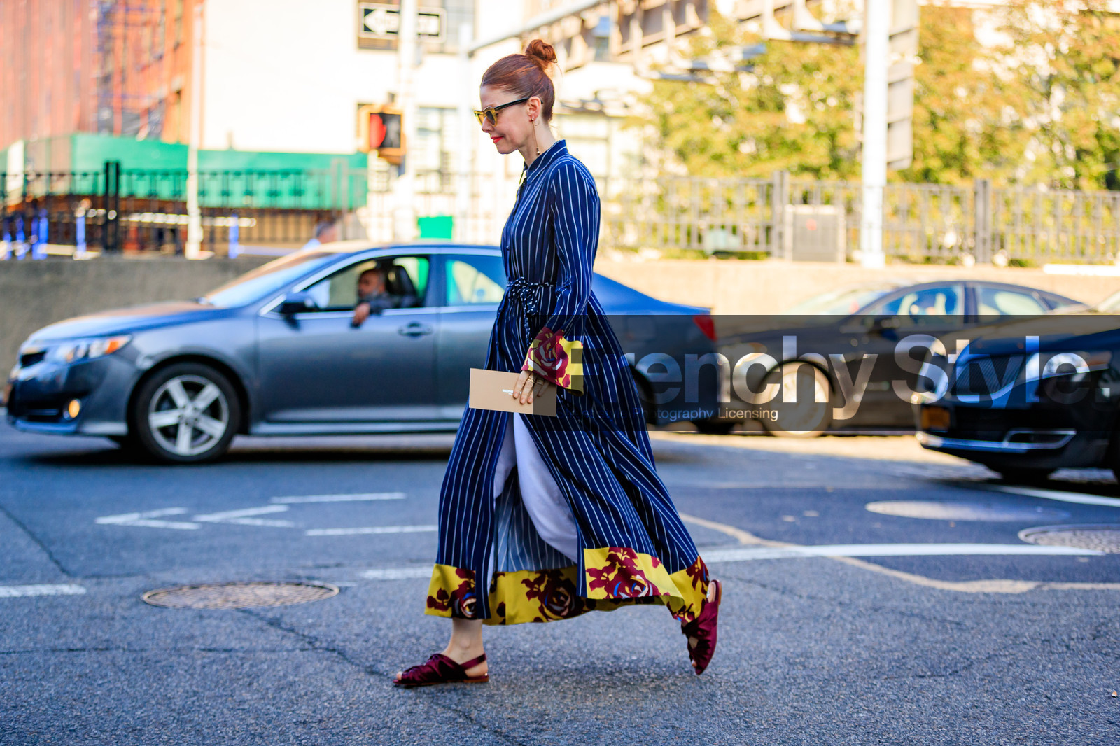 atmosphere details, blue dress, bordeaux, burgundy, christene barberich, fashion week, frenchystyle, full length, FW, graphic dress, horizontal, jonathan paciullo, leather shoes, long dress, NEW YORK, NYFW, printed dress, red shoes, SPRING SUMMER 2018, SS 18, street style, striped dress, sunglasses