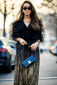 black sunglasses, feathered dress, black dress, gold sequins dress, golden necklace, celine bag, black handbag, logo bag, tamara kalinic, street style, jonathan paciullo, FW, frenchystyle, fashion week, AUTUMN WINTER 2022-2023, FALL WINTER 2022_2023, FW 22-23, PARIS, PFW, vertical, detail