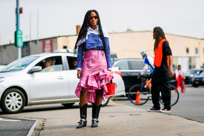 atmosphere details, black boots, black shoes, blue shirt, braids, cowboy boots, fashion week, frenchystyle, full length, fun sunglasses, FW, graphic shirt, horizontal, jan-michael quammie, jonathan paciullo, leather bag, leather shoes, NEW YORK, NYFW, pink skirt, printed shirt, red bag, SPRING SUMMER 2018, SS 18, street style, striped shirt, sunglasses
