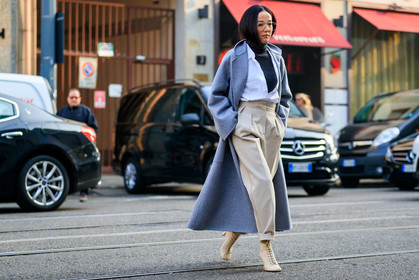 beige boots, beige pants, black turtleneck, céline, grey coat, high heels, leather shoes, sunglasses, trousers, white shirt, yoyo cao, fashion week, frenchystyle, FW, jonathan paciullo, street style, MFW, MILAN, AUTUMN WINTER 2019-2020, AW 19-20, FALL WINTER 2019-2020, FW 19-20, atmosphere details, full length, horizontal