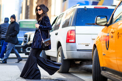 atmosphere details, AUTUMN WINTER 2016-2017, AW 16-17, black pants, blazer, blue jacket, FALL WINTER 2016-2017, fashion week, frenchystyle, full length, FW, FW 16-17, horizontal, jonathan paciullo, Lainy Hedaya, leather bag, NEW YORK, NYFW, street style, sunglasses, trousers, wide pants, woman