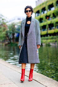 black belt, black dress, black skirt, black turtleneck, checked coat, fashion week, frenchystyle, full length, FW, high heels, jonathan paciullo, leather boots, leather shoes, LFW, LONDON, open work, plaid, red boots, SPRING SUMMER 2017, SS 17, street style, sunglasses, tartan, vertical, woman, yasmin sewell