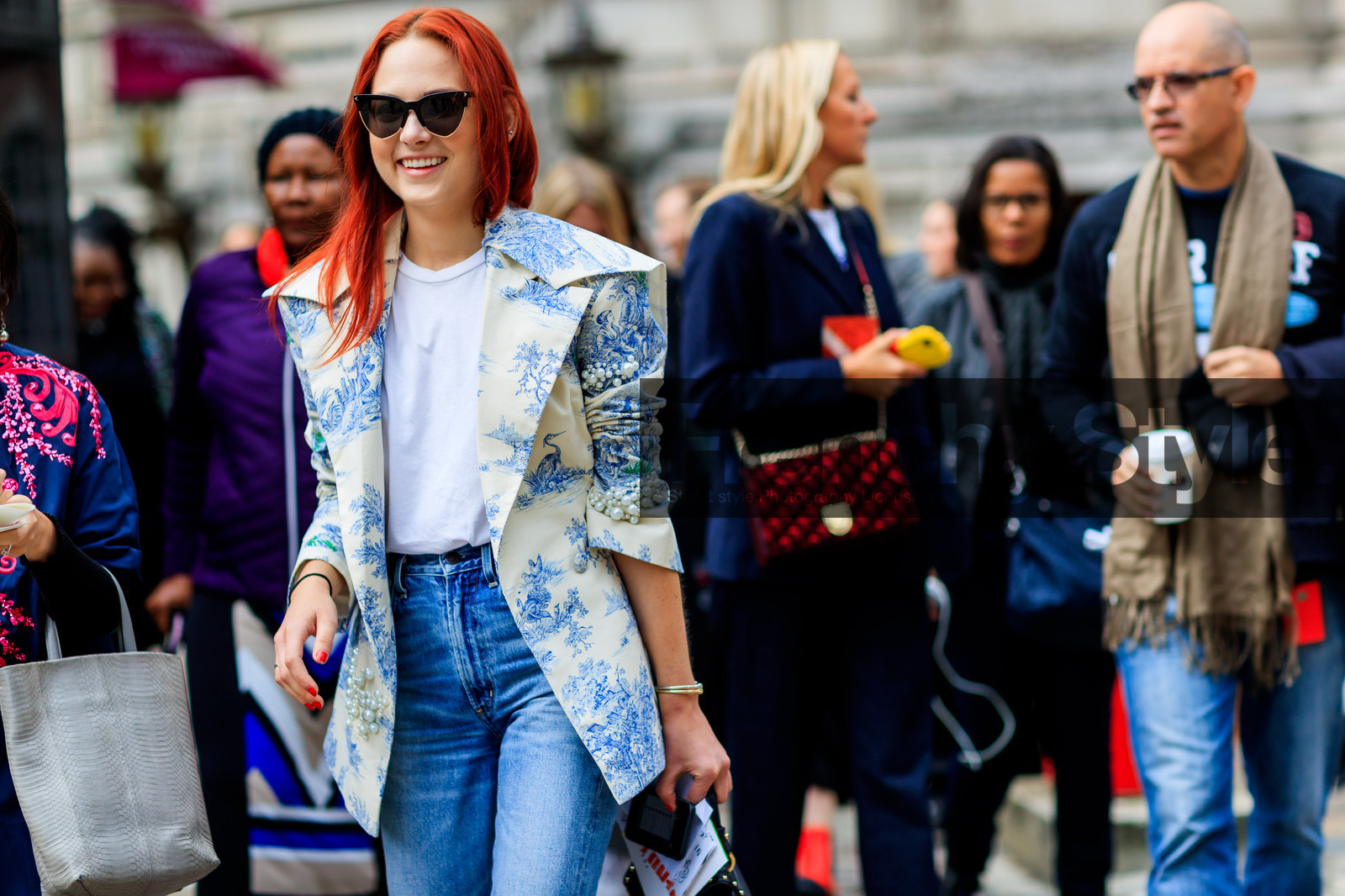 atmosphere details, blazer, blue denim, blue jacket, denim pants, detail, fashion week, frenchystyle, FW, horizontal, jeans, jonathan paciullo, LFW, LONDON, printed jacket, red head, SPRING SUMMER 2018, SS 18, street style, trousers, white jacket, white t shirt