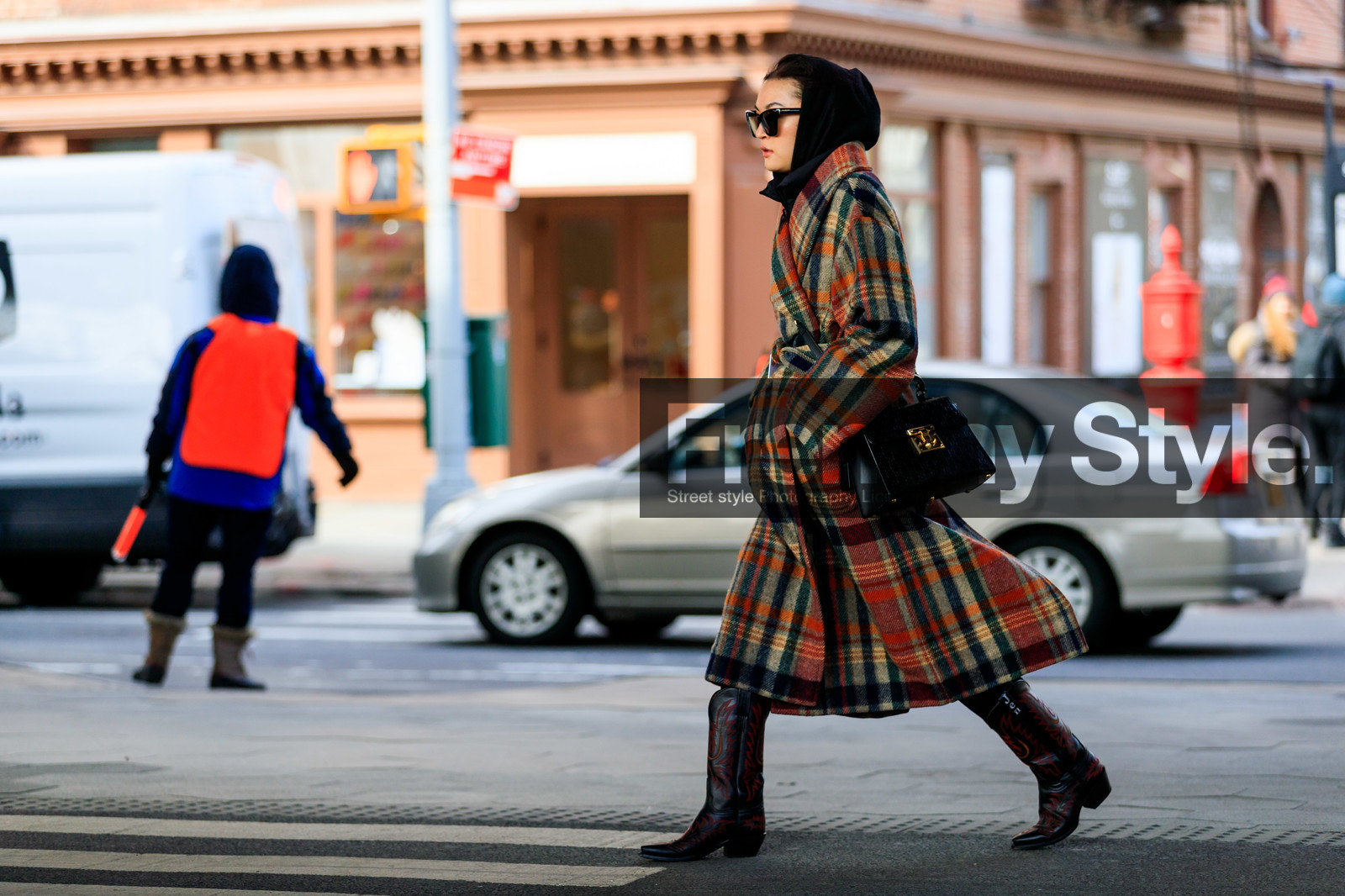 black bag, black shoes, black sweater, checked, cowboy boots, graphic jacket, gucci, high heels, hoodie, leather bag, leather shoes, multicolor jacket, plaid, printed coat, printed jacket, sunglasses, tartan, street style, jonathan paciullo, frenchystyle, NYFW, NEW YORK, AUTUMN WINTER 2019-2020, AW 19-20, FALL WINTER 2019-2020, FW 19-20, FW, fashion week, atmosphere details, horizontal, full length
