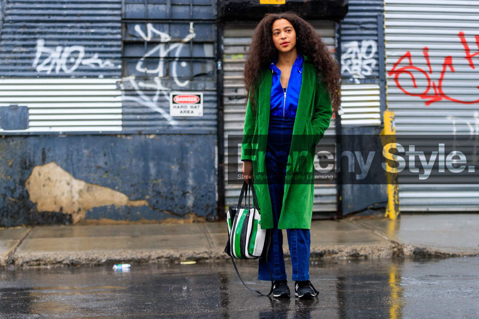balenciaga, black sneakers, blue denim, blue sweater, corduroy, denim pants, graphic bag, green bag, green coat, jeans, leather bag, leather shoes, new balance, printed bag, striped bag, trousers, street style, jonathan paciullo, FW, frenchystyle, fashion week, NYFW, NEW YORK, AUTUMN WINTER 2018-2019, AW 18-19, FALL WINTER 2018-2019, FW 18-19, atmosphere details, horizontal, full length