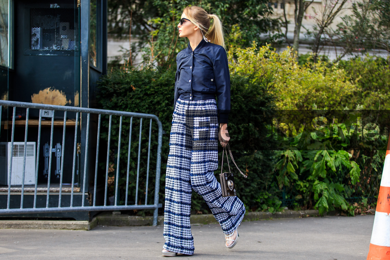 atmosphere details, AUTUMN WINTER 2016-2017, AW 16-17, black clutch, blue pants, bomber jacket, chanel, checked pants, FALL WINTER 2016-2017, fashion week, frenchystyle, full length, FW, FW 16-17, graphic pants, horizontal, jonathan paciullo, leather shoes, navy jacket, PARIS, PFW, plaid, ponytail, printed clutch, silver shoes, street style, sunglasses, tartan, trousers, tweed pants