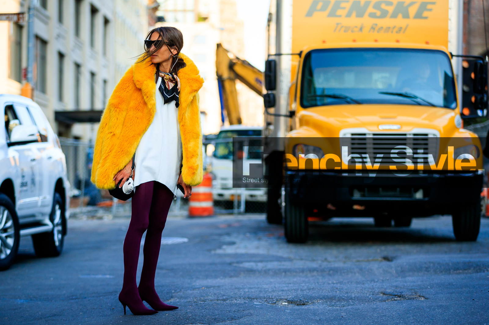 atmosphere details, fashion week, frenchystyle, full length, fur jacket, FW, high heels, horizontal, jonathan paciullo, leather shoes, NEW YORK, NYFW, printed scarf, SPRING SUMMER 2018, SS 18, street style, sunglasses, tights, white dress, yellow fur, yellow jacket