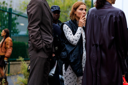 grey jacket, marine serre pants, marine serre top, white top, white pants, cropped top, monogrammed pants, monogrammed top, fashion week, frenchystyle, FW, jonathan paciullo, street style, SPRING SUMMER 2020, SS 20, PFW, PARIS, horizontal, atmosphere details, detail