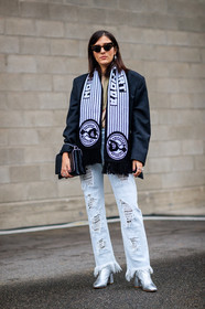 AUTUMN WINTER 2017-2018, AW 17-18, black bag, black jacket, black scarf, blazer, blue denim, denim pants, eleonora carisi, FALL WINTER 2017-2018, fashion week, frenchystyle, full length, FW, FW 17-18, glitter, graphic jacket, high heels, jeans, jonathan paciullo, leather bag, leather shoes, MFW, MILAN, printed jacket, printed scarf, ripped pants, shiny boots, silver shoes, street style, striped jacket, sunglasses, trousers, vertical