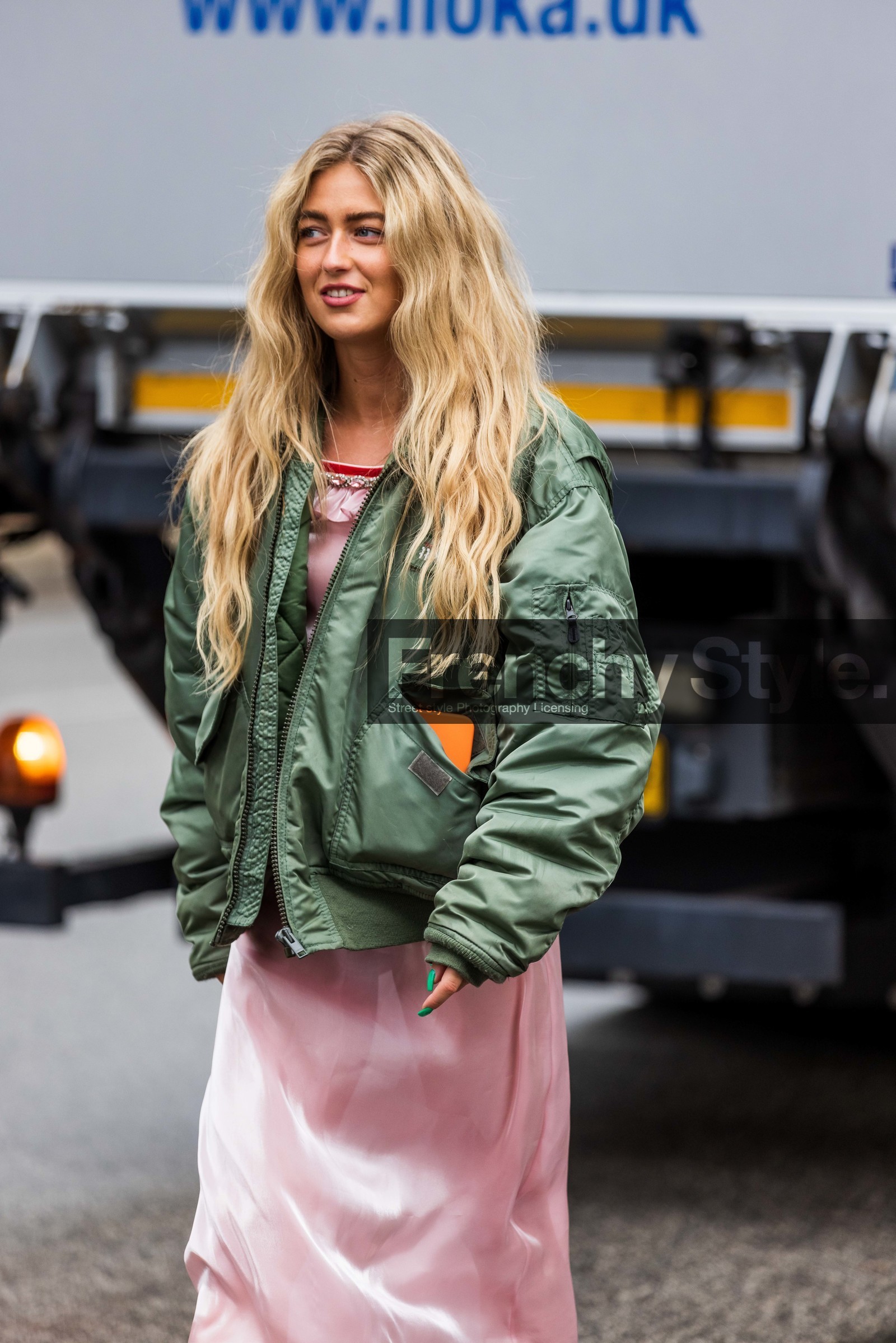 Emili Sindlev, kaki bombers, oversize bombers, light pink dress, pink dress, satin dress, silk dress, schott bomber, miu miu dress, fashion week, frenchystyle, FW, jonathan paciullo, street style, SPRING SUMMER 2022, SS 22, COPENHAGEN, CPHFW, vertical, atmosphere details