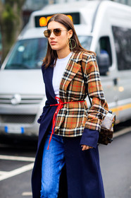 AUTUMN WINTER 2017-2018, AW 17-18, blue denim, brown bag, checked jacket, detail, earrings, FALL WINTER 2017-2018, fashion week, frenchystyle, FW, FW 17-18, graphic coat, graphic jacket, jeans, jonathan paciullo, leather backpack, leather bag, louis vuitton, MFW, MILAN, monogram, patricia manfield, plaid, printed bag, printed coat, printed jacket, street style, sunglasses, tartan, trousers, vertical, white t shirt