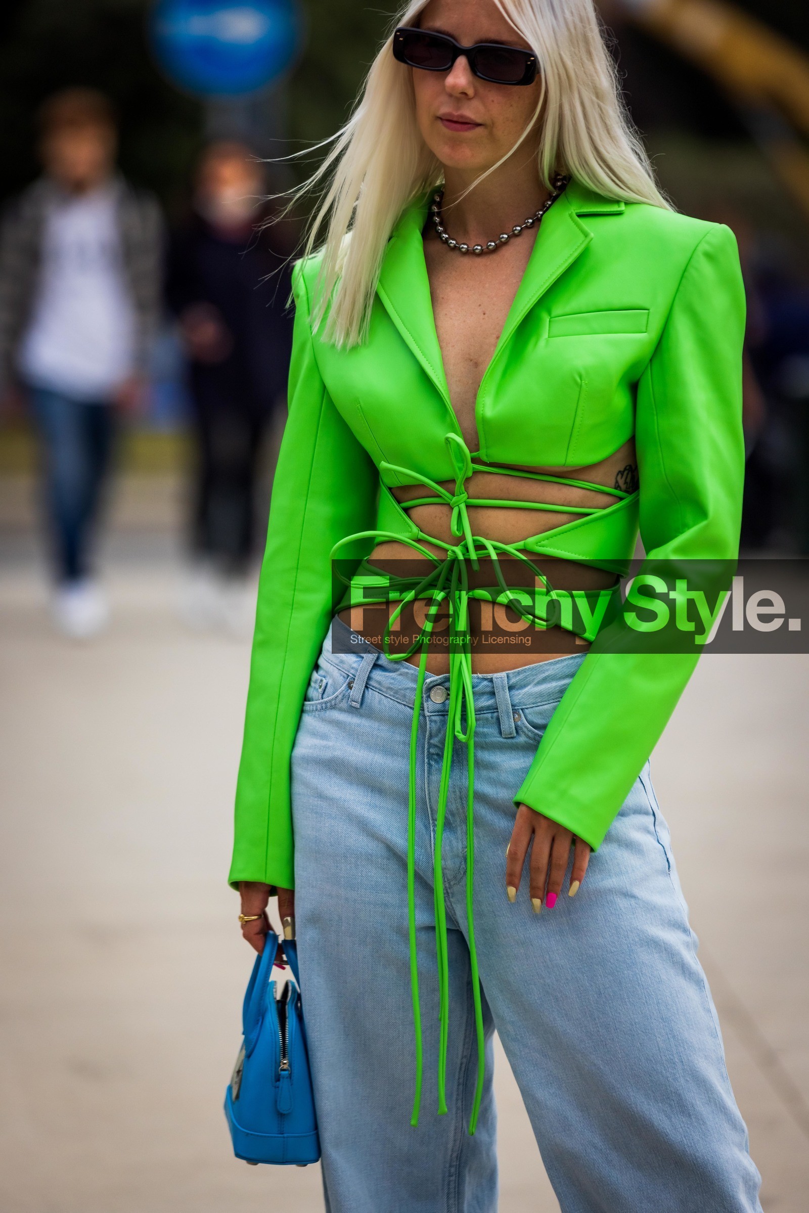bag, balenciaga bag, black sunglasses, blue bag, color, cut out, denim, fluo color, fluo green, fluo green jacket, green jacket, Jaime-Maree Shipton, jean, large jean, leather jacket, light blue, necklace, pearl, pearls necklace, printed bag, small bag, sunglasses, fashion week, frenchystyle, FW, jonathan paciullo, street style, SPRING SUMMER 2022, SS 22, MFW, MILAN, vertical, atmosphere details
