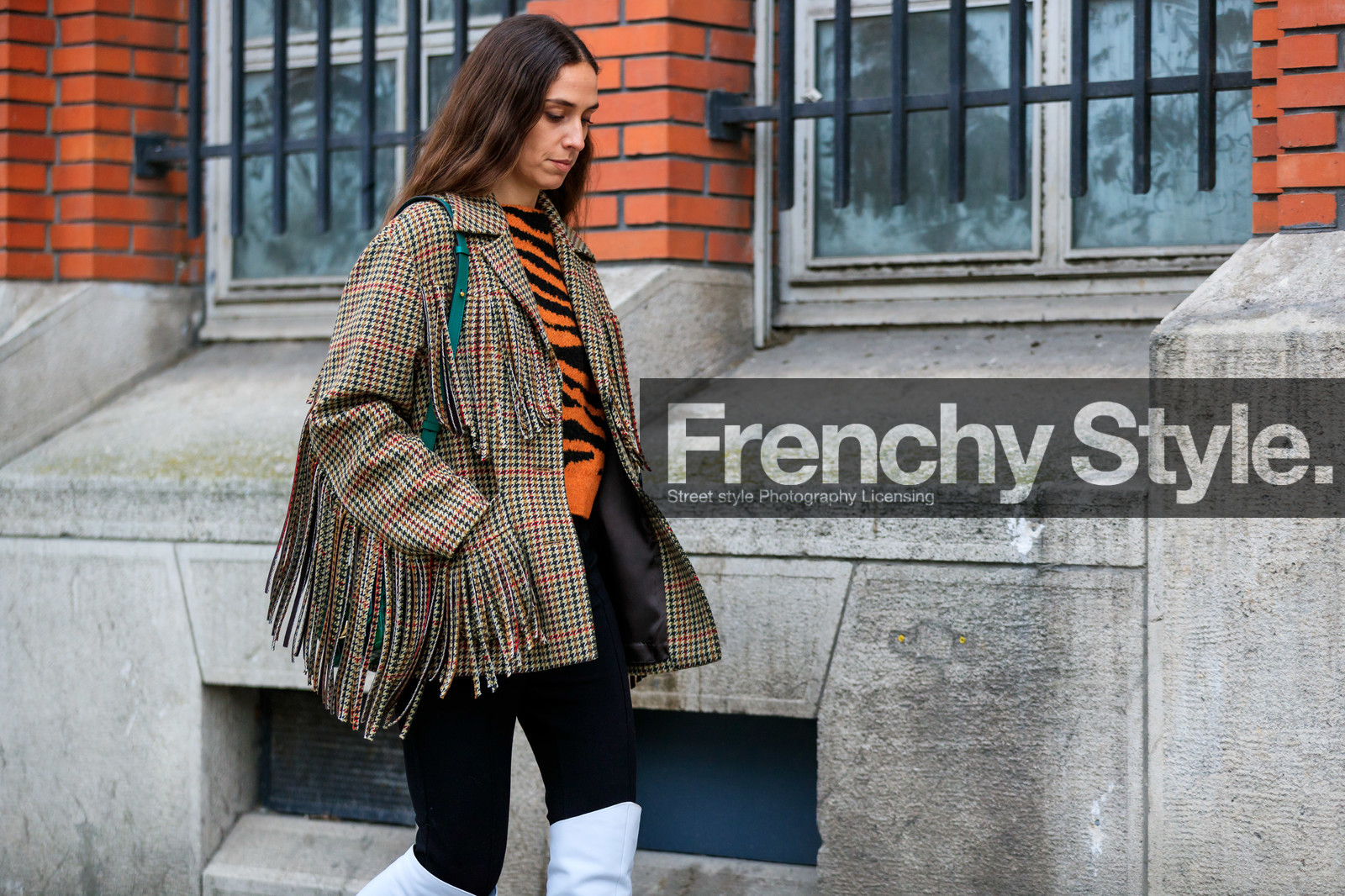 black pants, brown jacket, checked, erika boldrin, fringes, graphic jacket, graphic sweater, high boots, leather shoes, orange sweater, plaid, printed jacket, printed sweater, trousers, white shoes, zebra, PARIS, PFW, street style, jonathan paciullo, FW, frenchystyle, fashion week, AUTUMN WINTER 2019-2020, AW 19-20, FALL WINTER 2019-2020, FW 19-20, horizontal, atmosphere details, detail