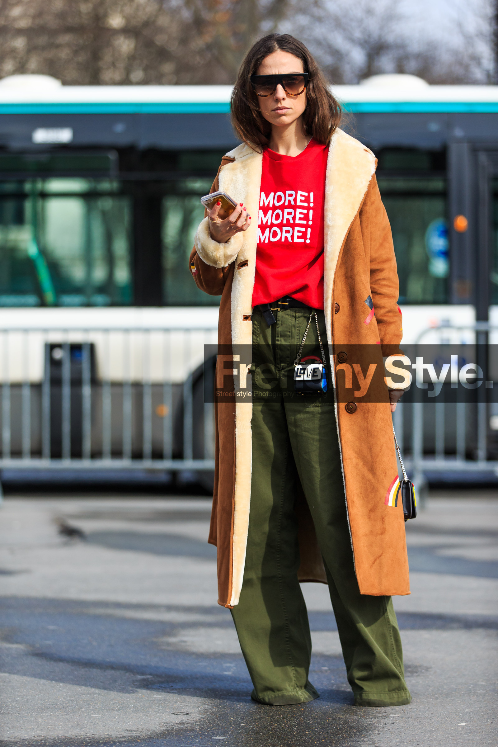 AUTUMN WINTER 2016-2017, AW 16-17, camel coat, erika boldrin, FALL WINTER 2016-2017, fashion week, frenchystyle, full length, FW, FW 16-17, green pants, jonathan paciullo, kaki pants, leather bag, leather coat, mini bag, PARIS, PFW, printed t shirt, red t shirt, shearling, street style, sunglasses, trousers, vertical, wide pants