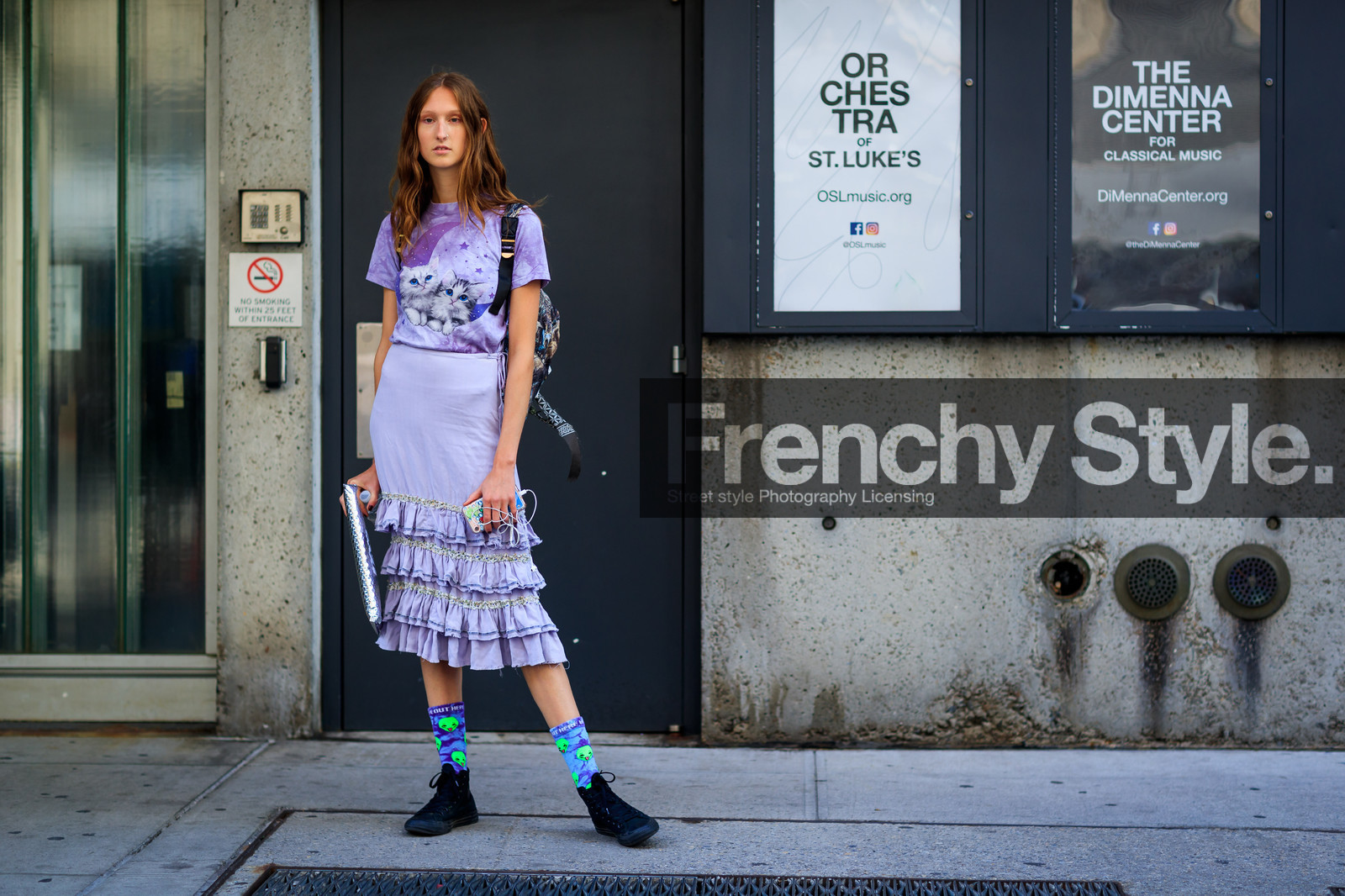 atmosphere details, black sneakers, blue socks, converse, fashion week, frenchystyle, full length, FW, horizontal, jay wright, jonathan paciullo, model, NEW YORK, NYFW, printed t shirt, purple skirt, purple t shirt, ruffles, SPRING SUMMER 2018, SS 18, street style, turquoise