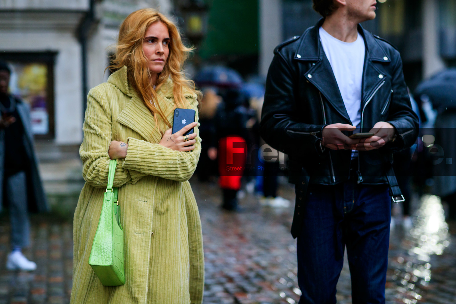 blanca miro scrimieri; light green coat; velvet coat; corduroy coat; green leather bag; shoulder bag; animal skin bag
